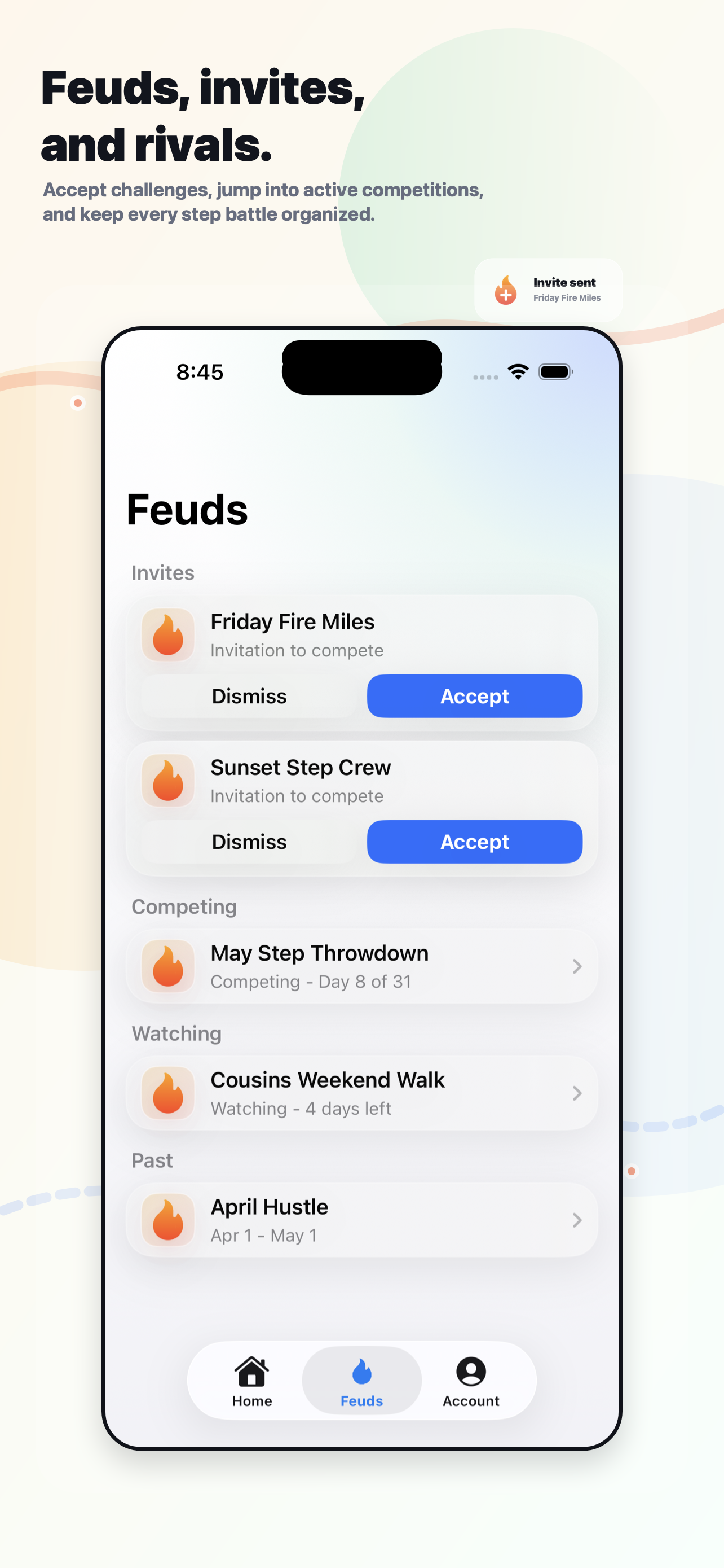 StepFeud feuds list with invites and active competitions