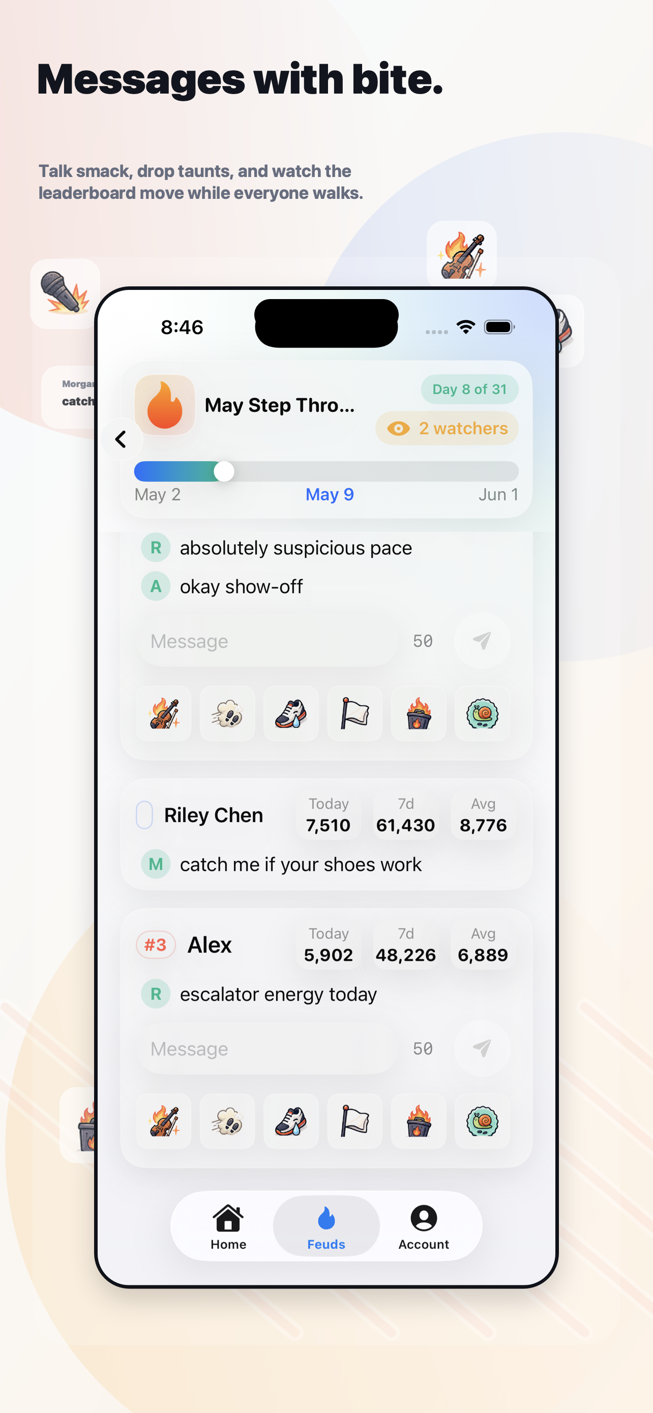 StepFeud live feud with rankings, messages, watchers, and taunts